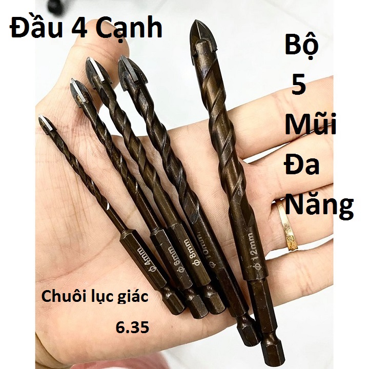 Bộ 5 Mũi Khoan Đa Năng [4-6-8-10-12mm] Khoan Gạch Men - Đá- Tường -bê tông - chuôi lục giác [GIKO 009]