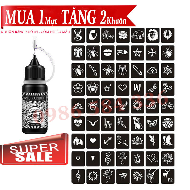 【VIP-LOẠI 1】Mực xăm tạm thời 7-15 ngày [ Tặng 2 Khuôn + Sticker ][Màu Xanh Đen]