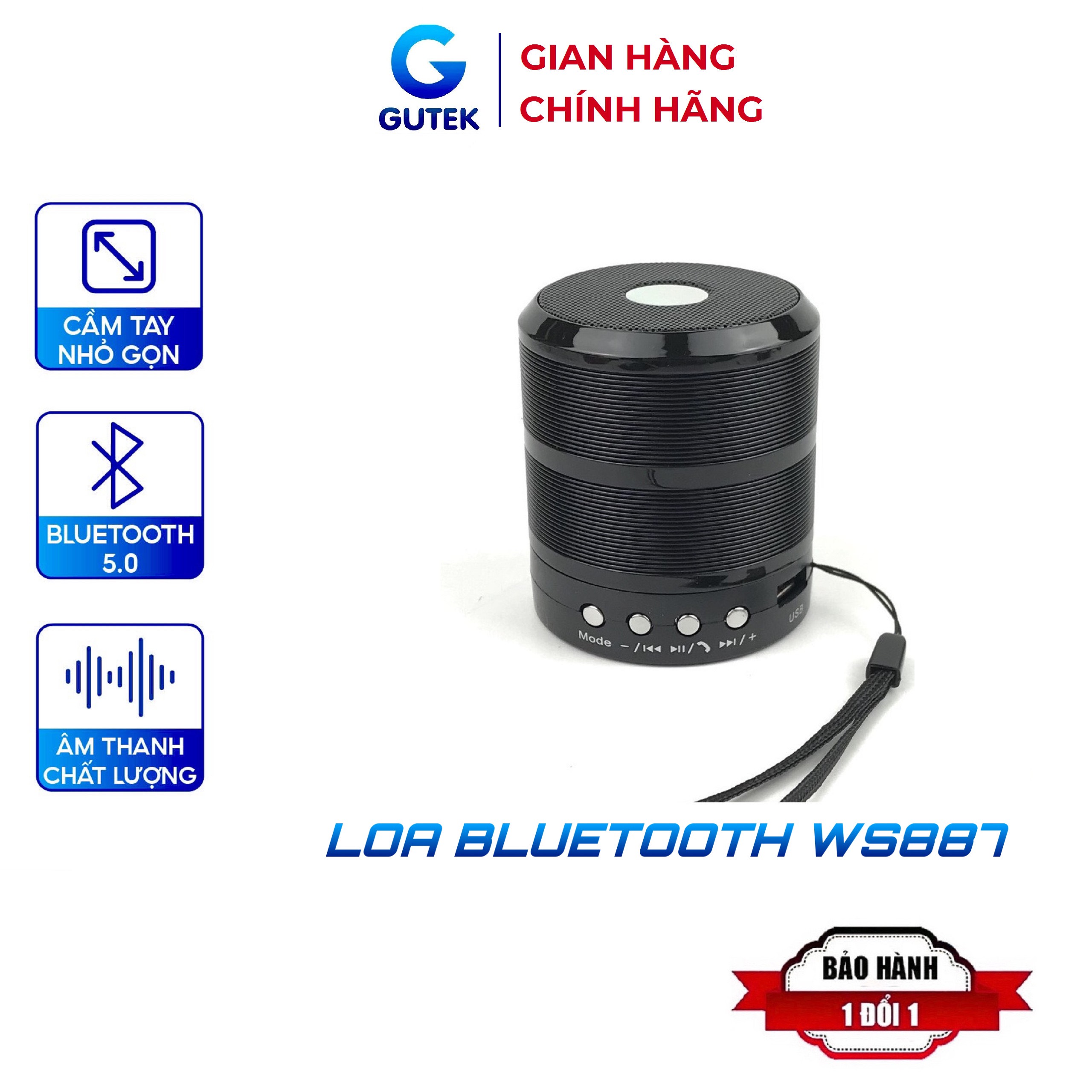 Loa Bluetooth Nghe Nhạc Mini Nhỏ Gọn Có Dây Đeo Âm Thanh Chất Lượng Gutek Ws887