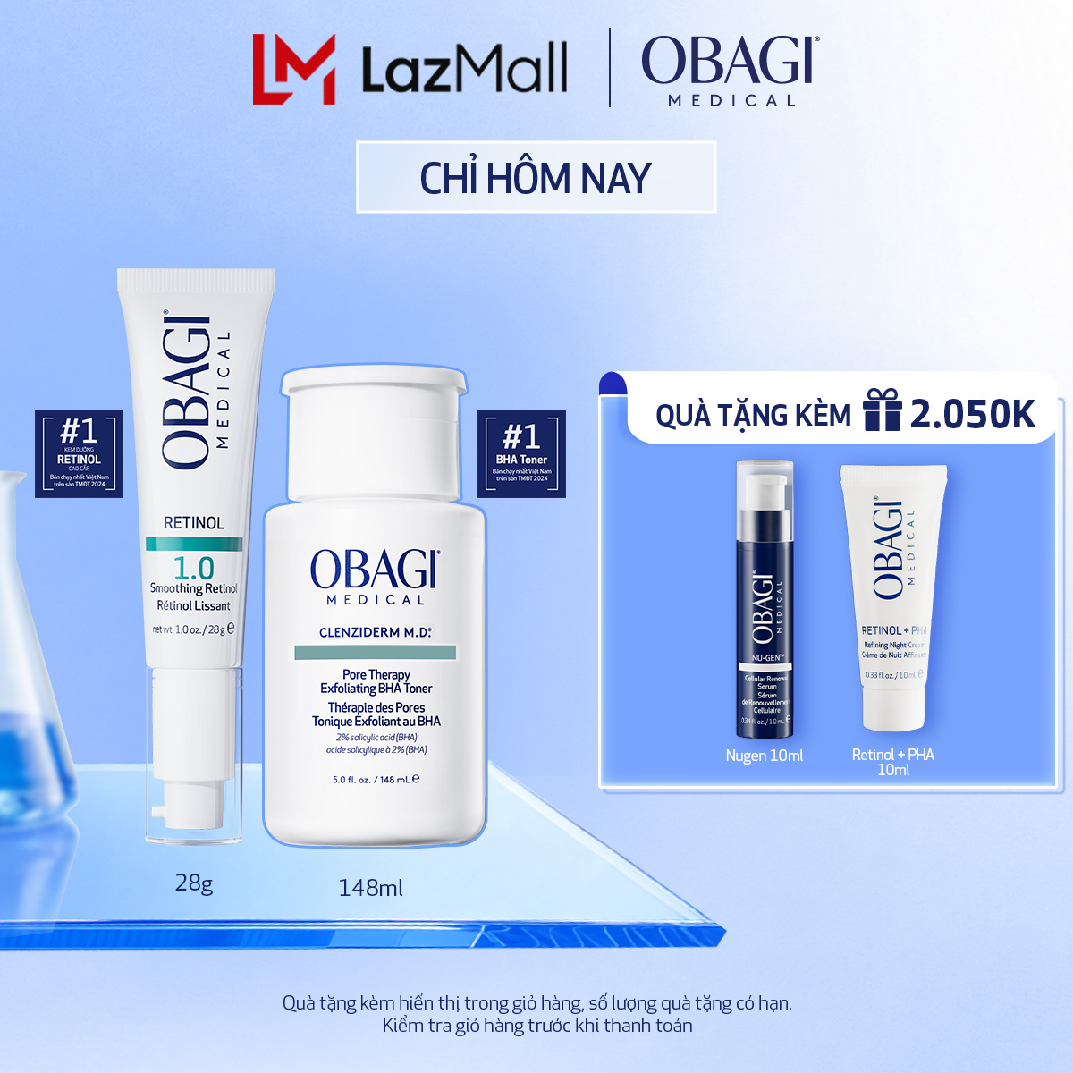 Bộ đôi dưỡng da Toner BHA làm sạch mụn và tẩy tế bào chết Obagi Medical Clenziderm M.D 148ml và Kem Chống Lão Hóa  Tái Tạo Da Obagi 360 Retinol 1.0 28g