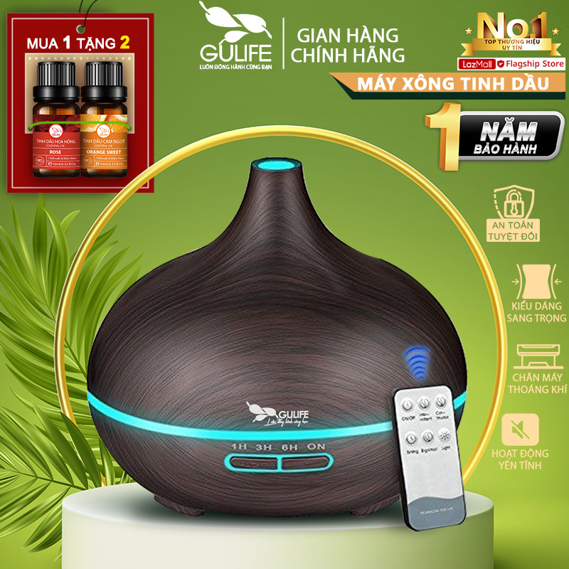 Máy Khuếch Tán Tinh Dầu Tạo Độ Ẩm 550ml Hình Hồ Lô 7 Màu Có Remote - Tặng Tinh Dầu Nguyên Chất 10ml - GULIFE MKT38