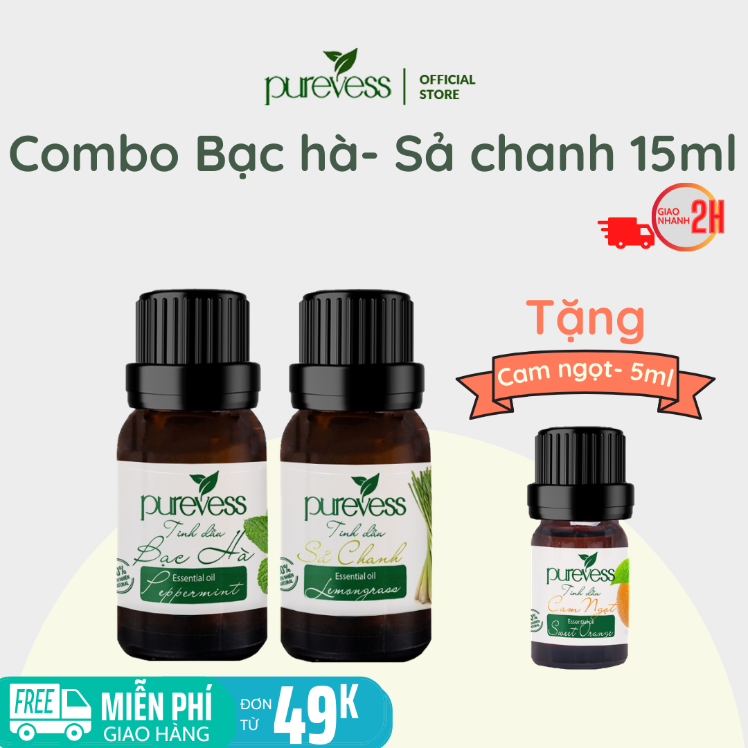 Tinh dầu xông phòng Purevess, tinh dầu Bạc Hà 15ml, tinh dầu Sả Chanh 15ml, tặng tinh dầu Cam Ngọt 5ml