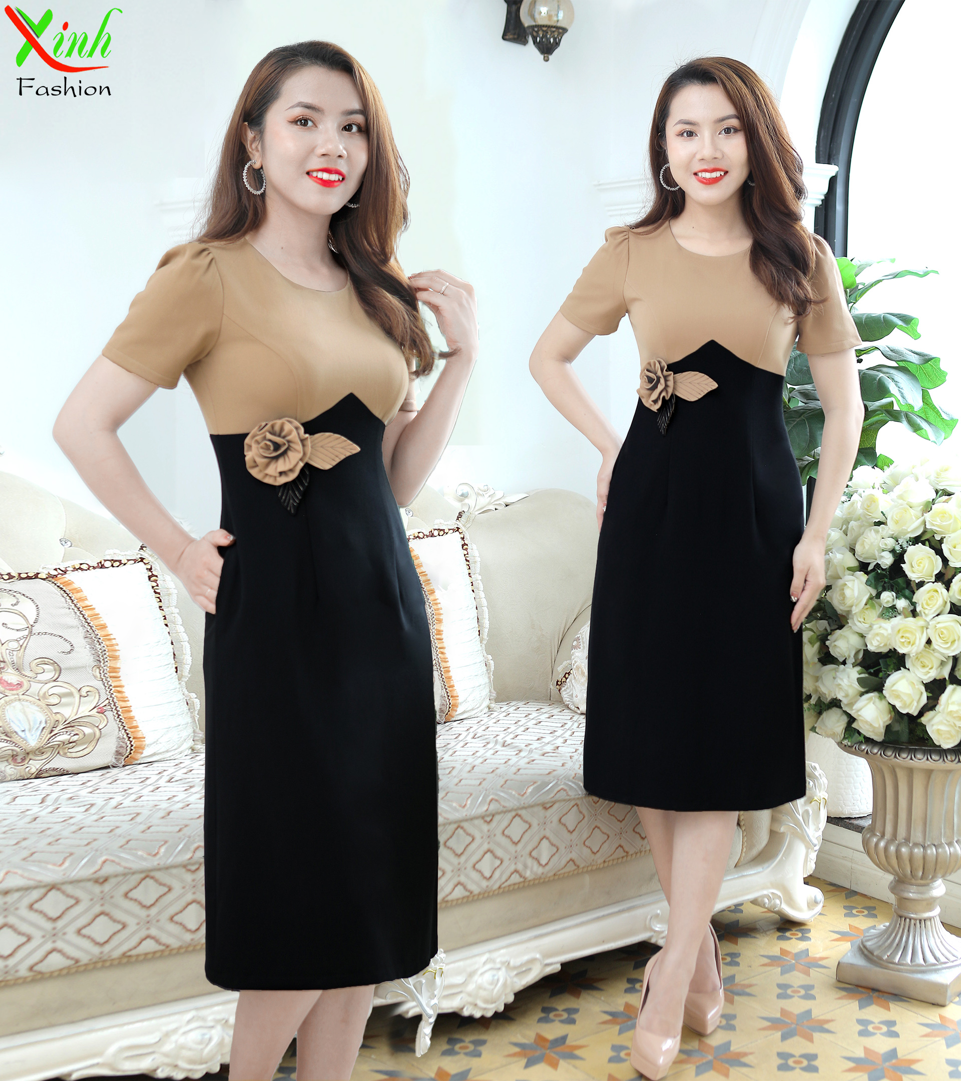 Đầm suông đen phối nude nâu kết hoa sang trọng dl713