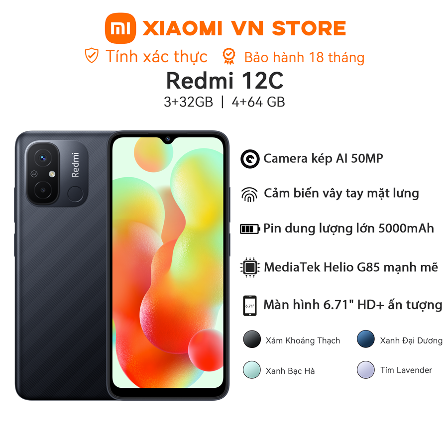 Điện thoại xiaomi redmi 12c 3+32gb | 4+64 gb | mediatek helio g85 | camera kép ai 50mp | pin 5000mah