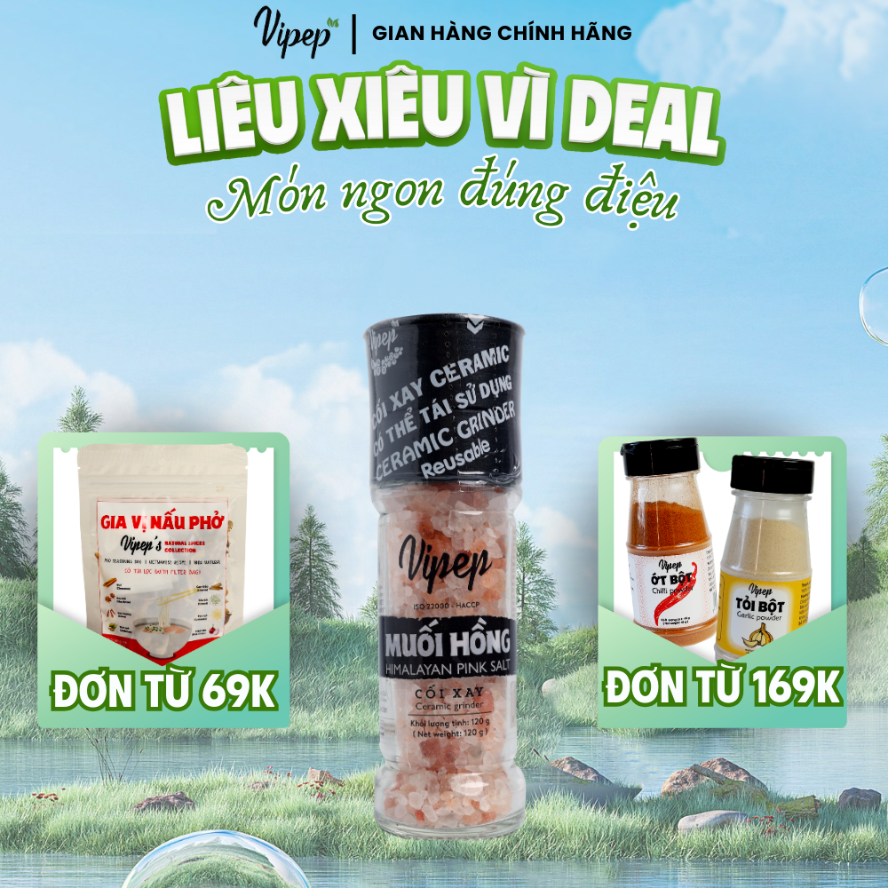 Muối hồng himalaya nguyên hạt cối xay vipep hũ thủy tinh 120g - gia vị vipep