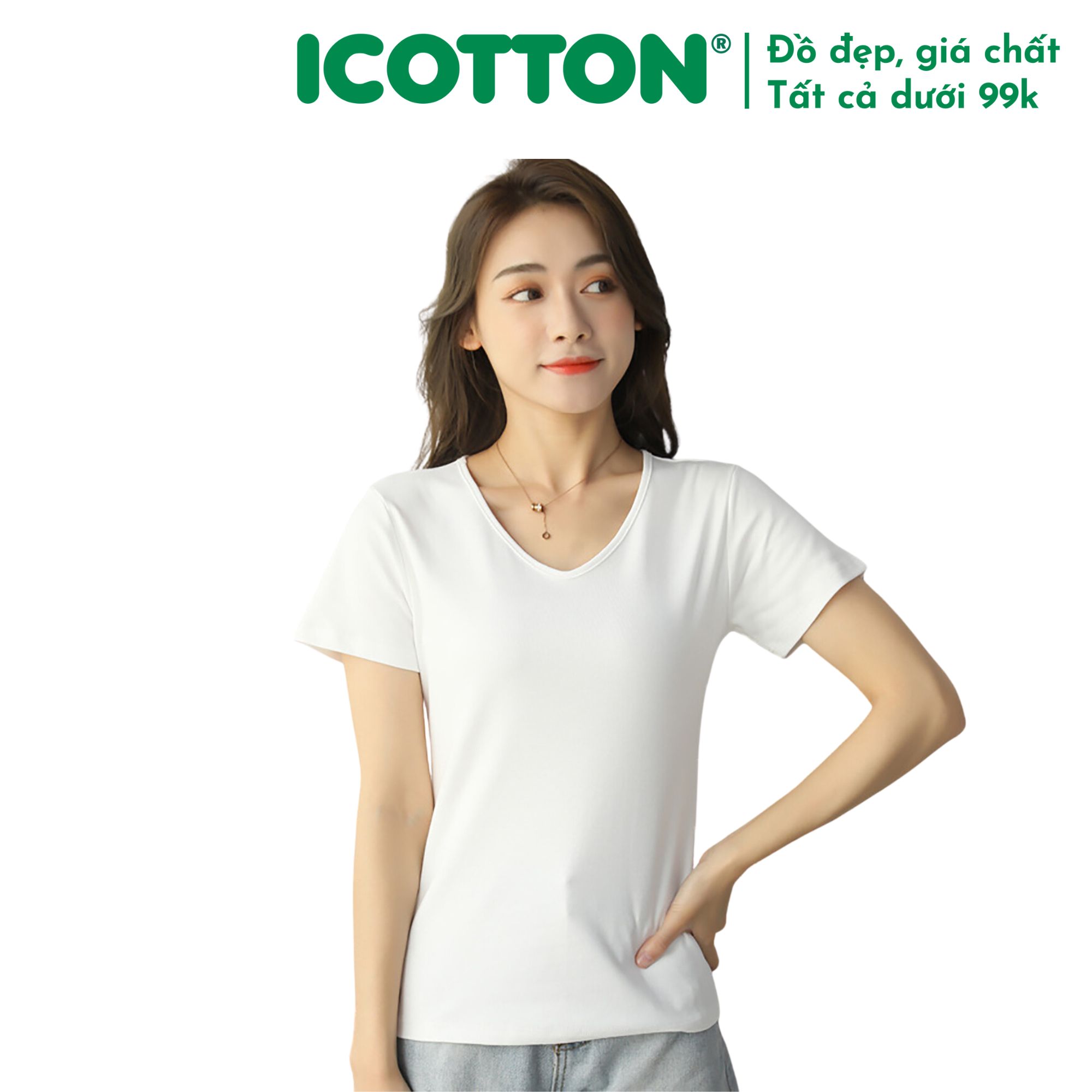 Áo thun nữ Icotton cổ tim dáng ngắn chất mềm mịn NU163