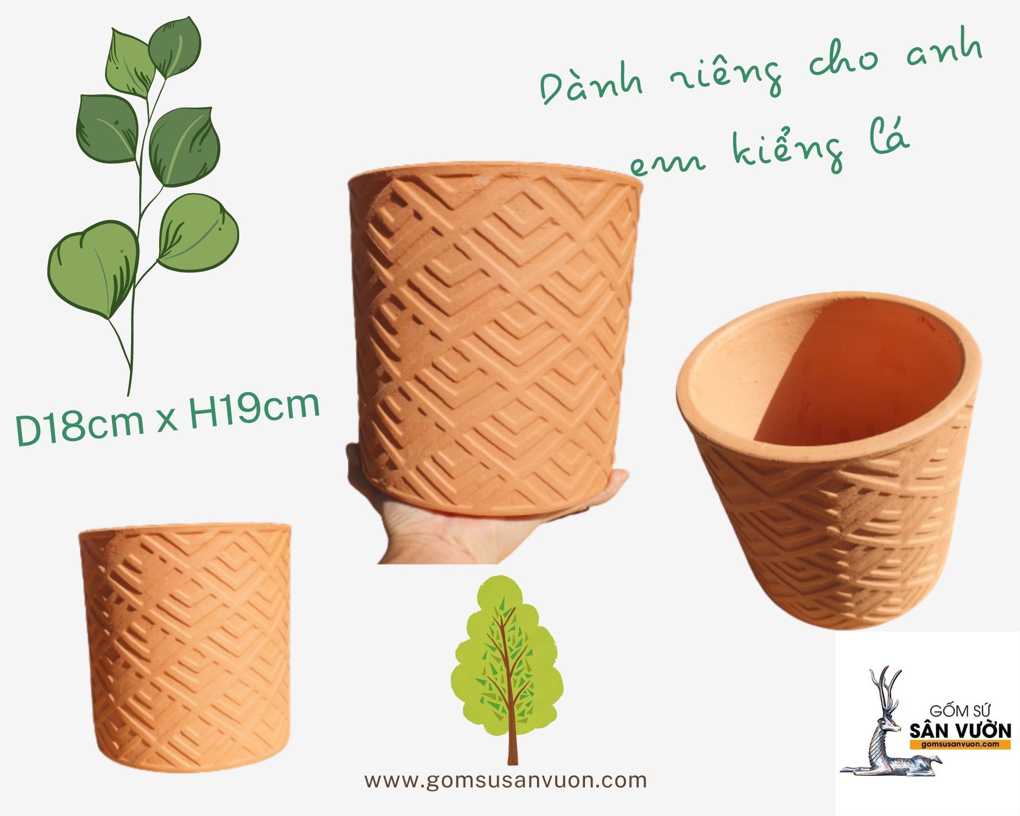 Chậu trồng cây gốm đất nung (terracotta) hình TRỤ HOA VĂN D18xH19cm - gốm sứ sân vườn Bình Dương chất lượng