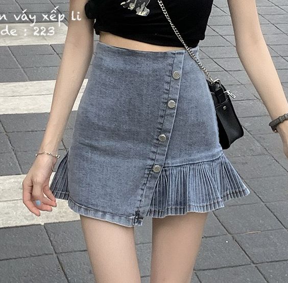 Chân váy jeans vạt xéo đuôi cá xếp ly có lớp lót bên trong phong cách hàn quốc u928484