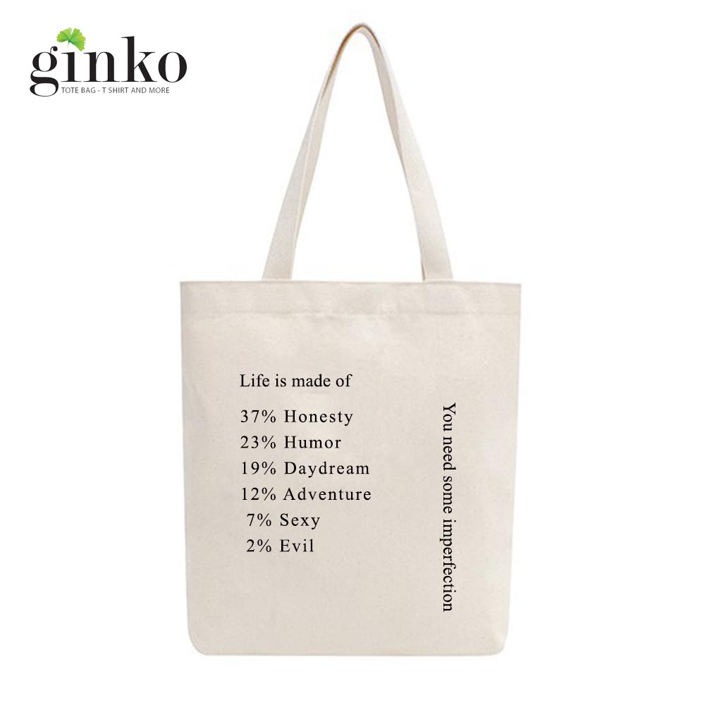 Túi tote vải mộc GINKO dây kéo in hình Life is Made of ... M24
