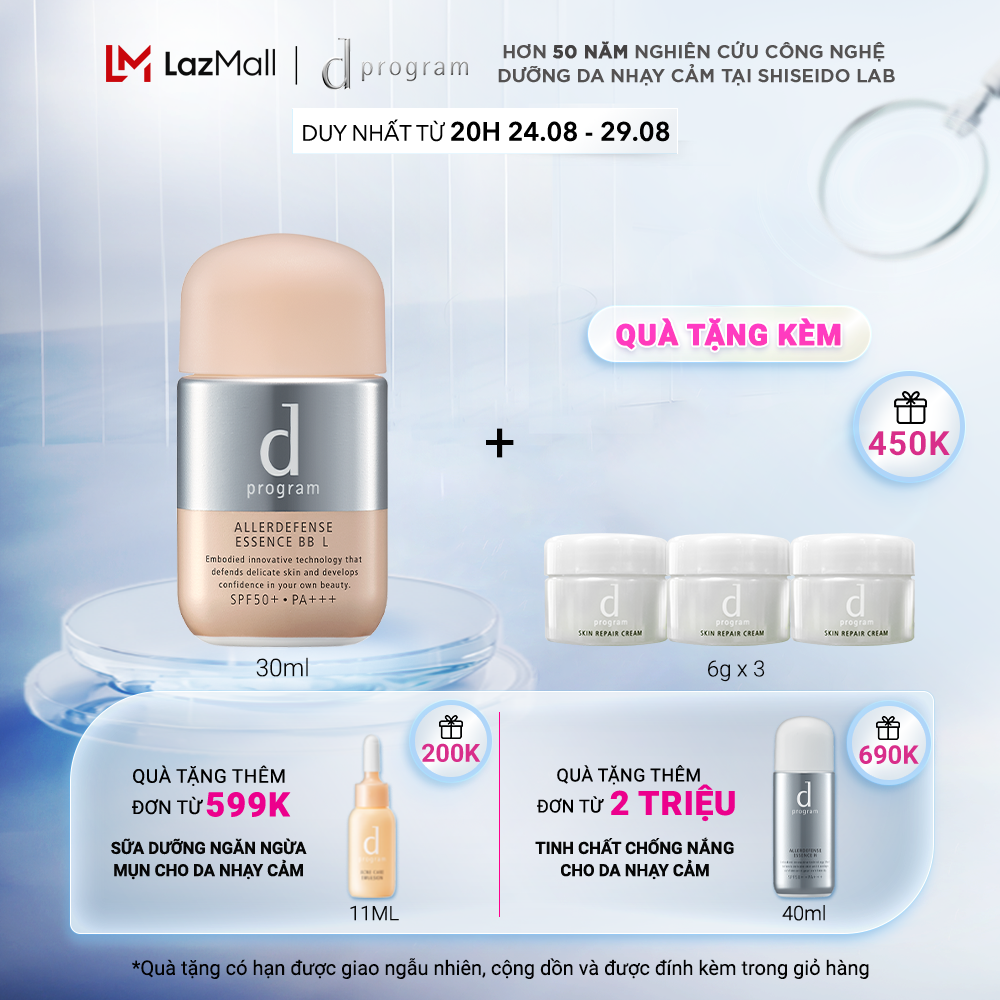 Kem chống nắng trang điểm dạng tinh chất d program dành cho da nhạy cảm Allerdefense Essence BB tông sáng 30ml, SPF50, PA+++