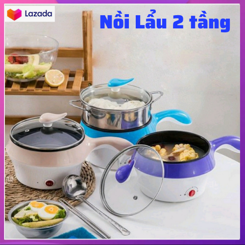 Nồi Lẩu Điện Mini Hai Tầng Đa Năng Tặng Kèm Khay Hấp Có Thể Chiên, Xào, Nấu Ăn, Nấu Cơm, Ca Nấu Mì Mini, Nồi Hấp 2 Tầng, Nồi Lẩu Đa Năng, Nồi Điện Mini Đa Năng - BẢO HÀNH 1 ĐỔI 1