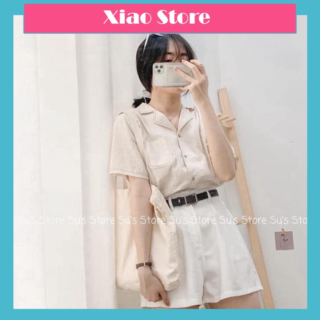✹  Áo sơ mi ngắn tay cổ vest phối viền nữ vải thô đũi viền cổÁo sơ mi ngắn tay cổ vest phối viền chỉ freesize.
