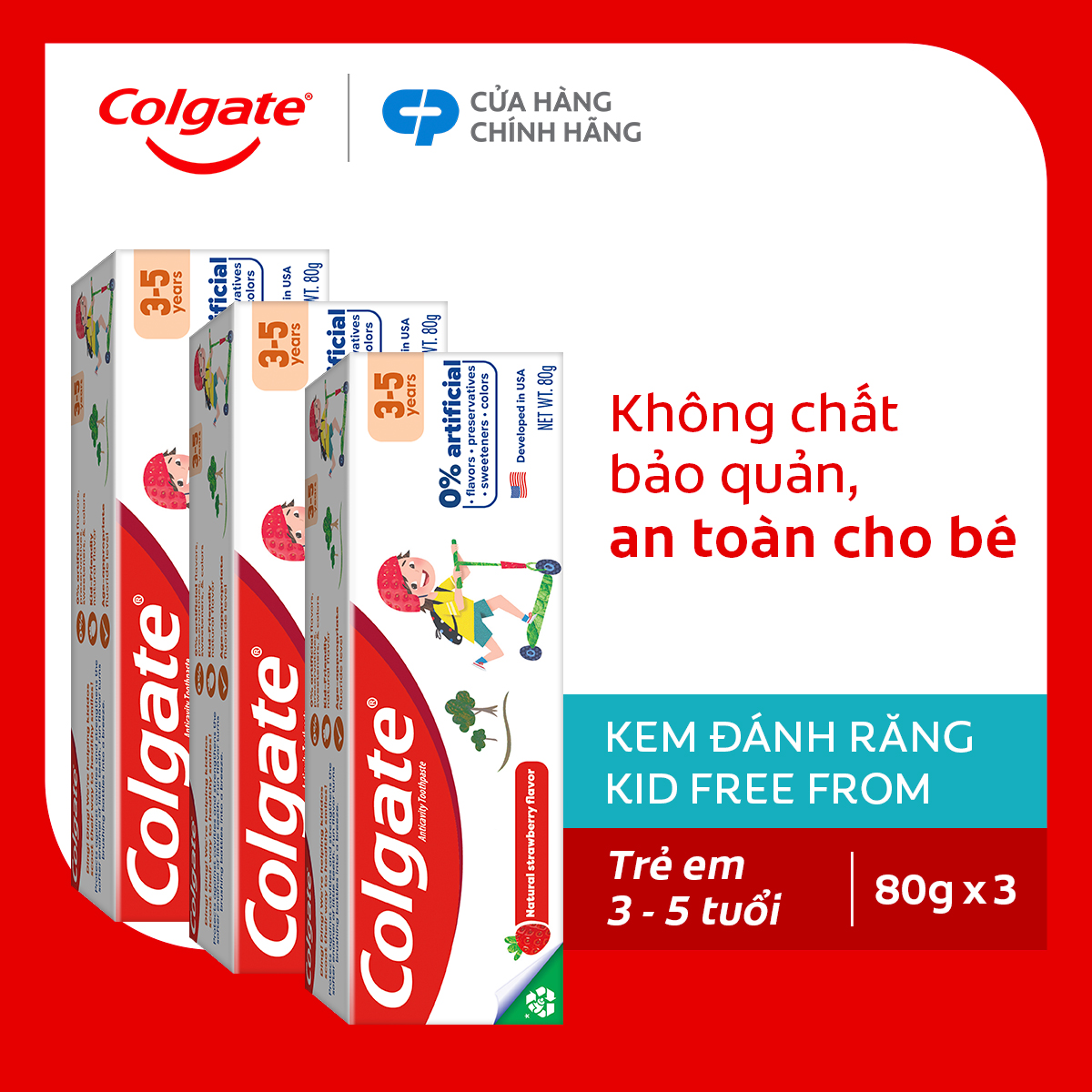 Bộ 3 Kem đánh răng Colgate Kid Free From cho trẻ em 3-5 tuổi không hương liệu và chất bảo quản 80g/tuýp