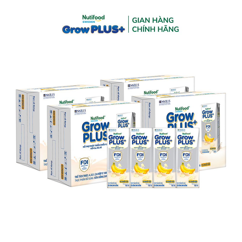 Combo 4 Thùng 24 hộp Sữa bột pha sẵn Nutifood GrowPLUS+ Vị Chuối Sữa hộp 180ml - Hỗ trợ phát triển chiều cao