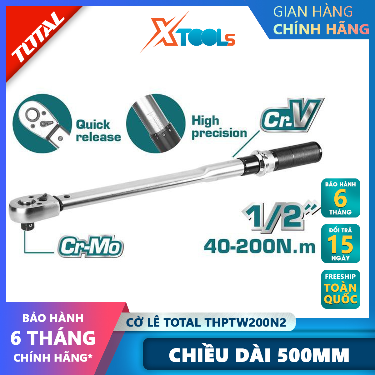 Cờ lê lực TOTAL THPTW200N2 cần xiết lực Kích thước 1-2 inch, Chiều dài 500 mm, Mô men xoắn 40200 N.m, Chất liệu CRV CrMo cần siết lực