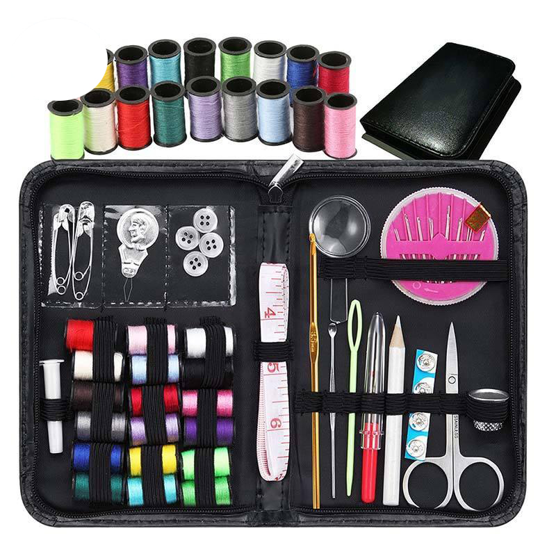 BỘ KIM CHỈ KIM MAY VÁ ĐA NĂNG KÈM BAO DA gồm có chỉ các màu, kéo cắt chỉ, thước dây, dụng cụ xỏ chỉ, kim băng, móng tay nhẫn ấn kim hộp