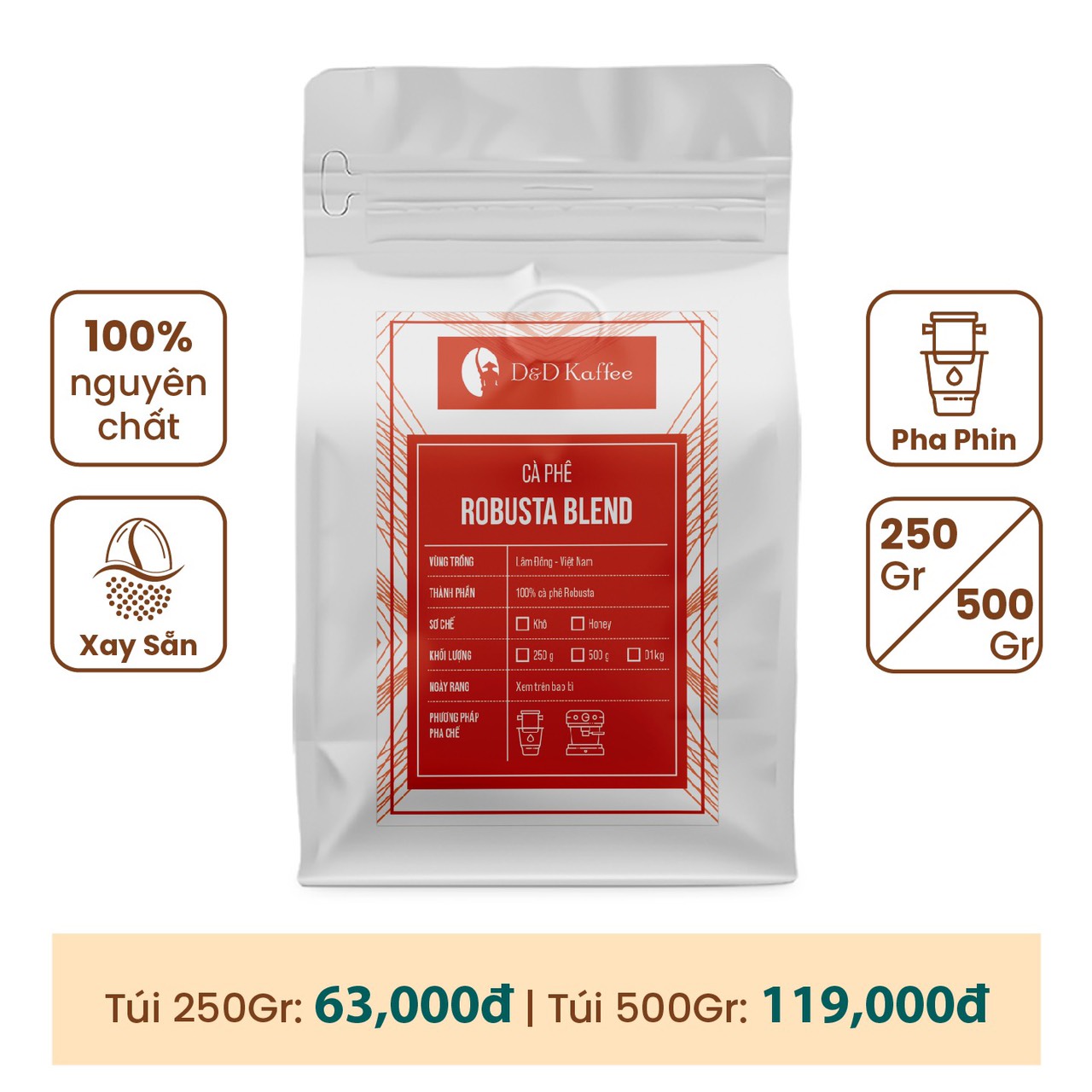 Cafe rang mộc xay sẵn pha phin D&D Kaffee Túi 500gr