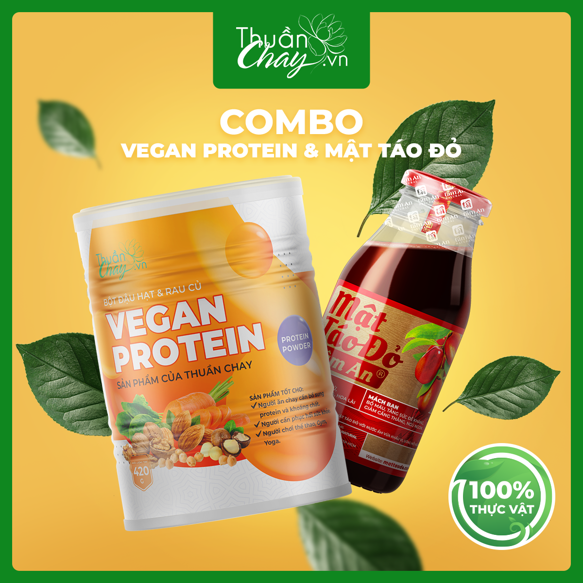 Combo vegan protein 420g & mật táo đỏ tâm an 250ml - bột ngũ cốc đậu hạt rau củ