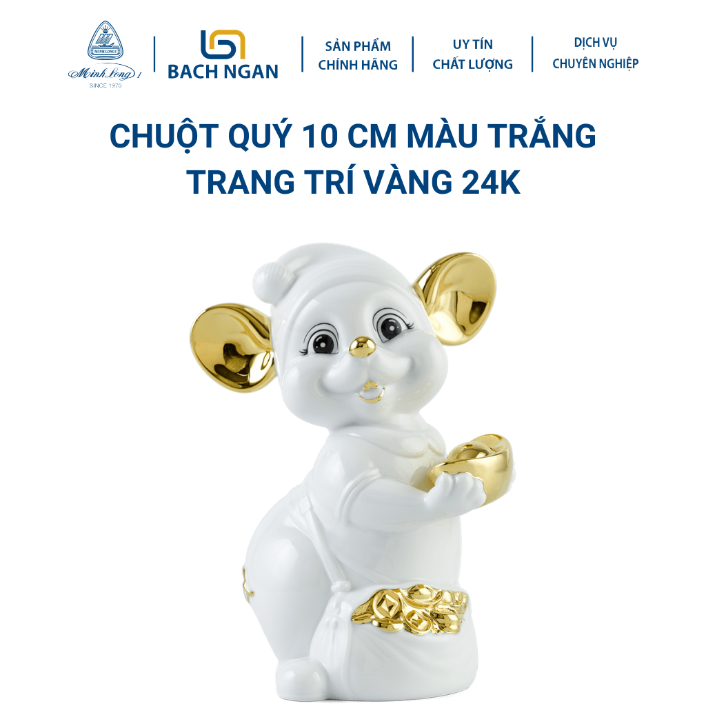 Chuột Quý Minh Long 10cm Màu Trắng Trang trí vàng 24K may mắn, tài lộc hàng đẹp cao cấp dùng tặng quà, nội thất
