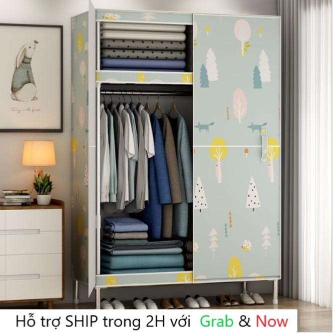 tủ vải khung gỗ Bọc Nhựa Chống Ẩm Mốc 2 buồng có lót vải đựng quần áo