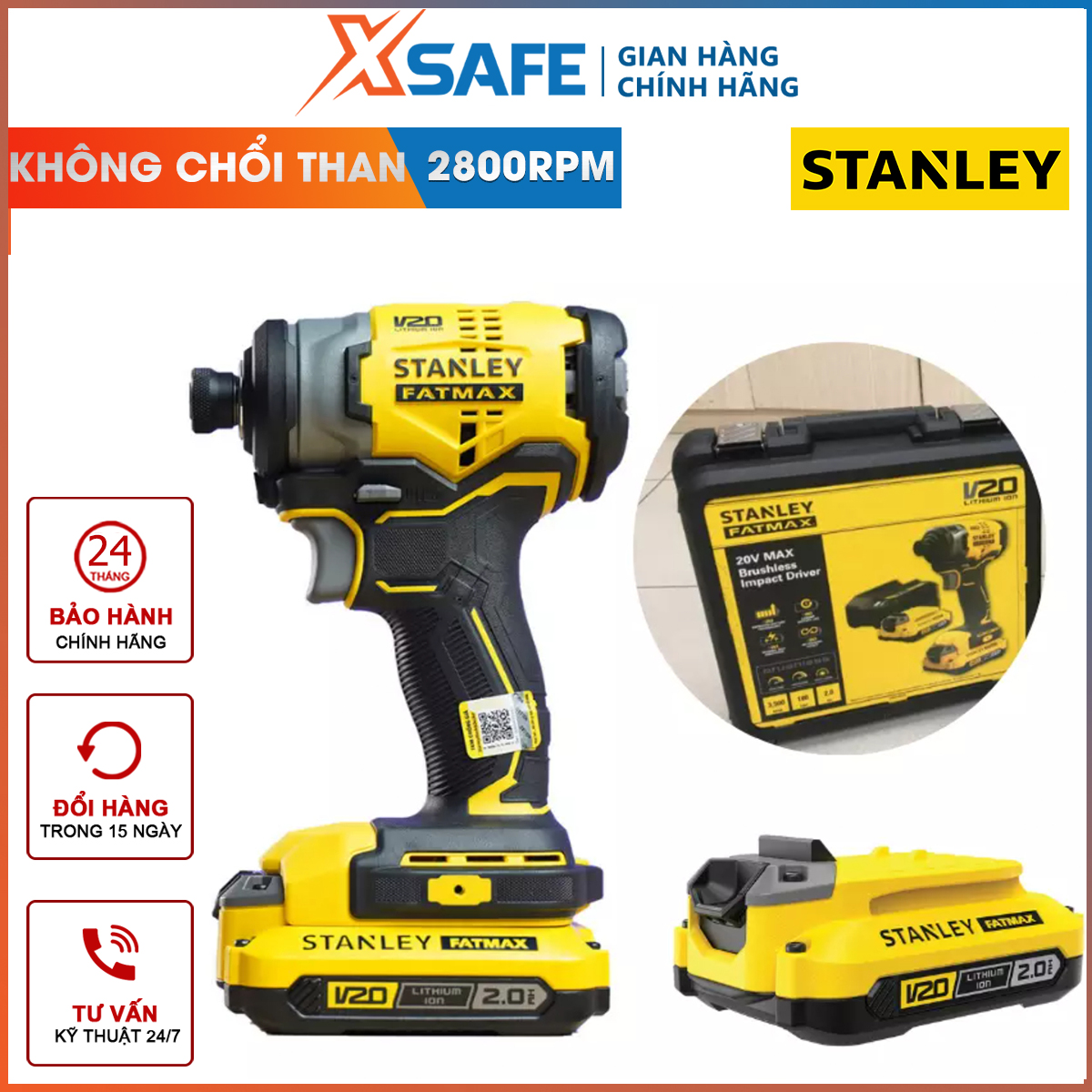 Máy siết vít không chổi than Stanley SBI810D2K-B1 máy vặn vít dùng pin 20V tặng kèm 2 pin 1 sạc công nghệ mới của Stanley cực mạnh và gọn gàng BH 24 THÁNG