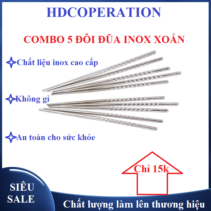 Combo 20 vỉ 5 đôi đũa xoắn inox
