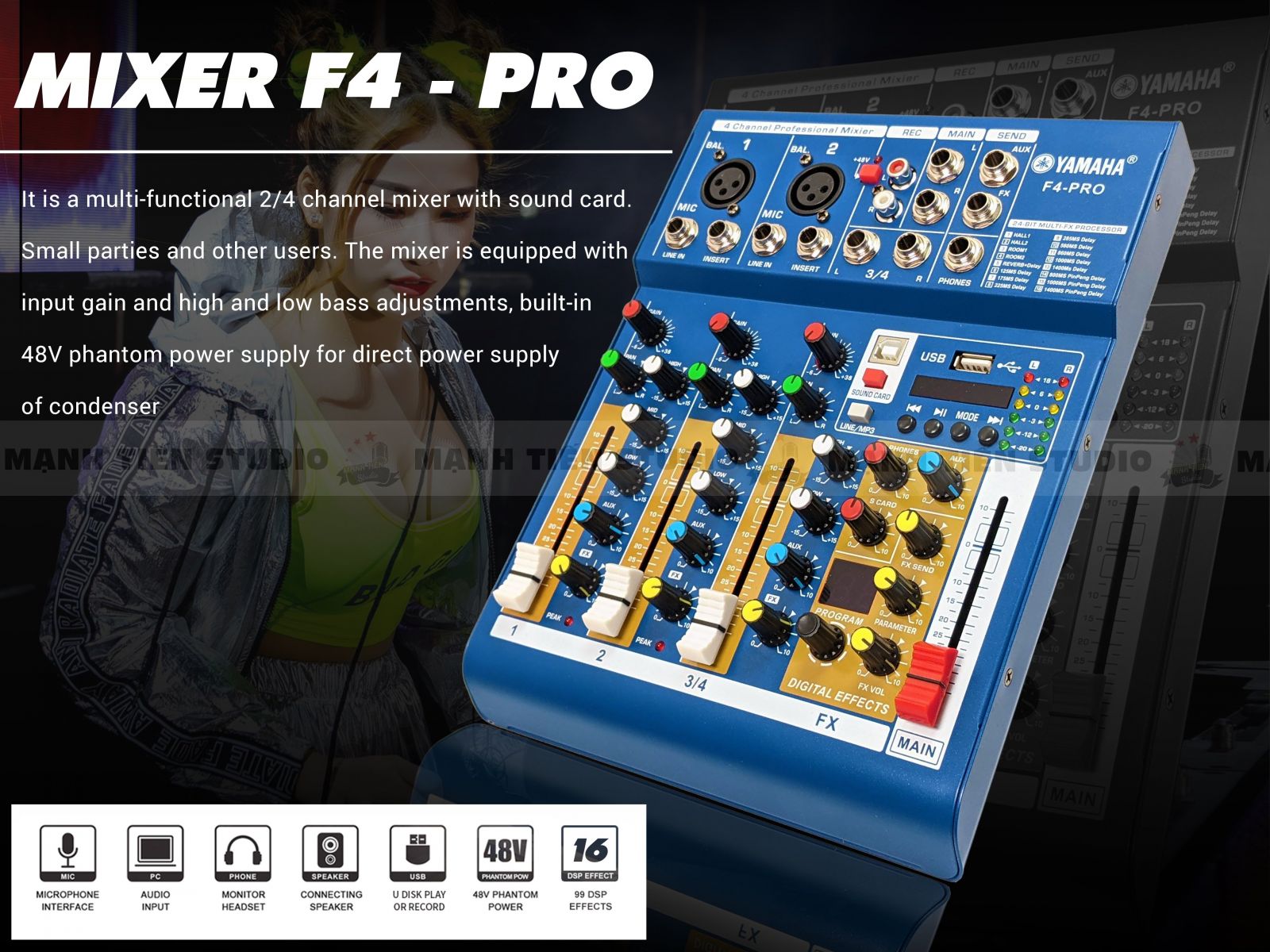 [ Siêu Phẩm Sale 50% ] Bàn Trộn Mixer Soundcraf  F4 Pro - Tích Hợp Vang Số 16 Chế Độ Vang -Bàn Mixer F4 Pro Live Stream | Tặng Kèm Dây AV Hỗ Trợ Màn Hình LED Có Bluetooth Dành Cho Loa Kéo - Âmly Dàn Hát Karaoke Gia Đình Âm . Bảo Hành 12 Tháng