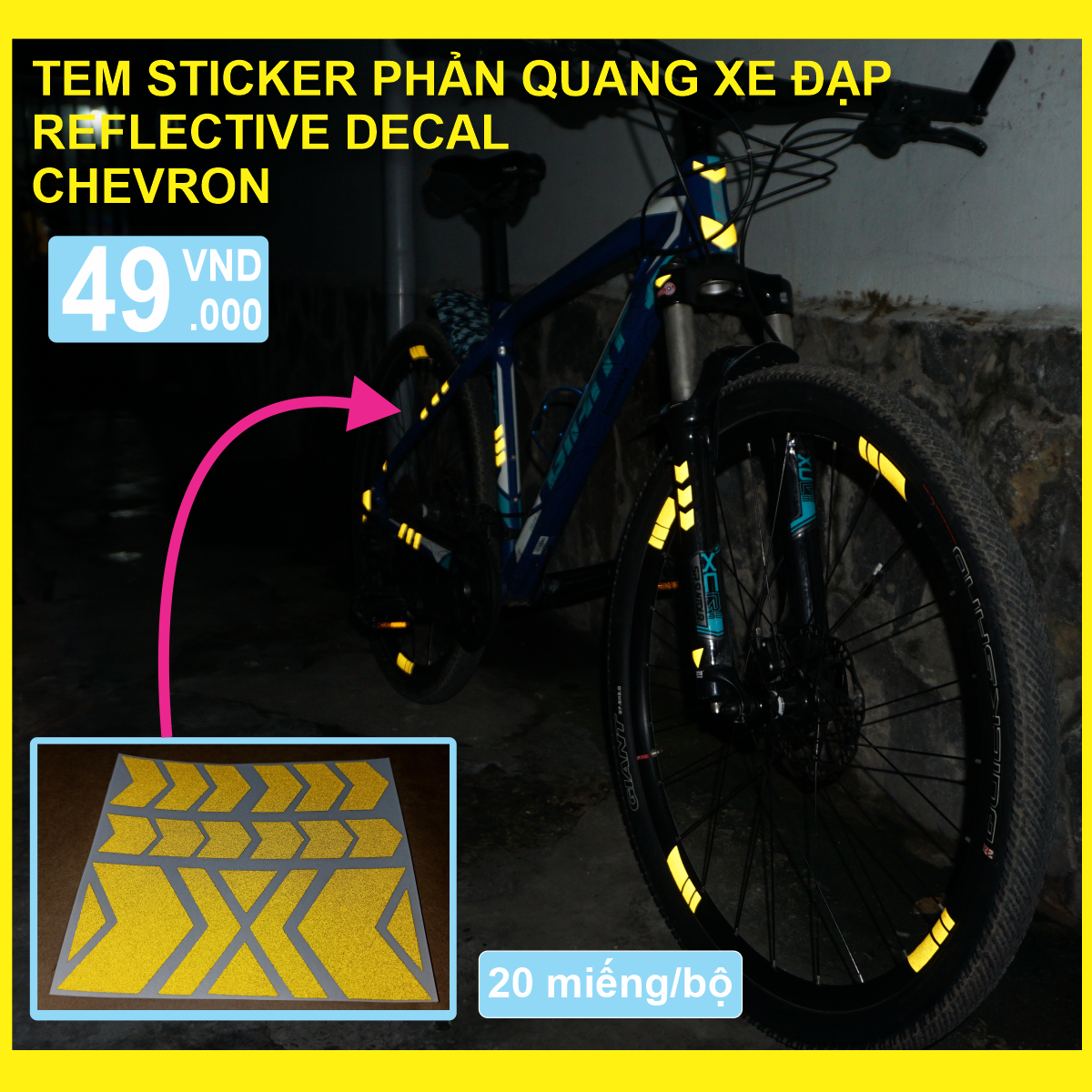 Tem decal phản quang dán sườn xe đạp địa hình - đường trường - touring - đường phố Chevron | Tem phản quang xe đạp | CycleWrap