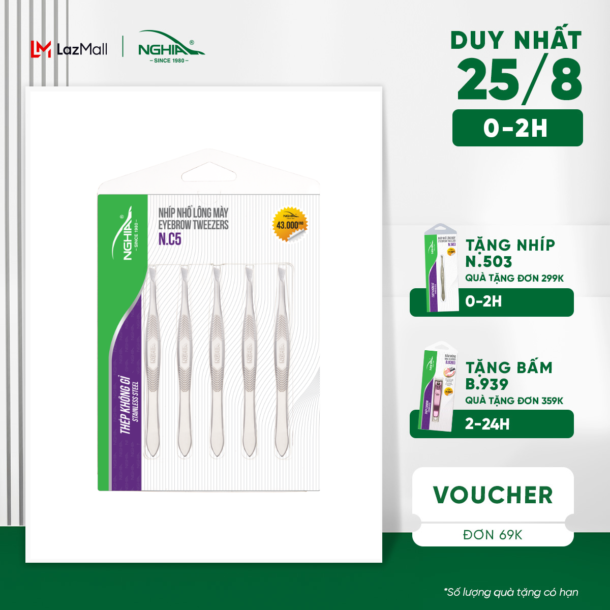 Vỉ 5 Cây Nhíp Inox Đầu Xéo Nhổ Lông Mày KỀM NGHĨA N.C5