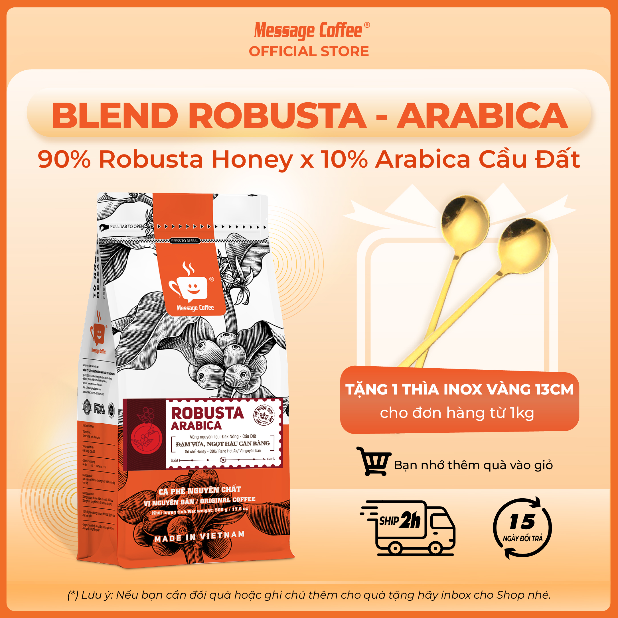 Cà phê BLEND ROBUSTA - ARABICA rang mộc nguyên chất cafe hạt bột pha phin pha máy với gu thưởng thức có hậu vị ngọt thơm gói 200g và 500g từ Message Coffee