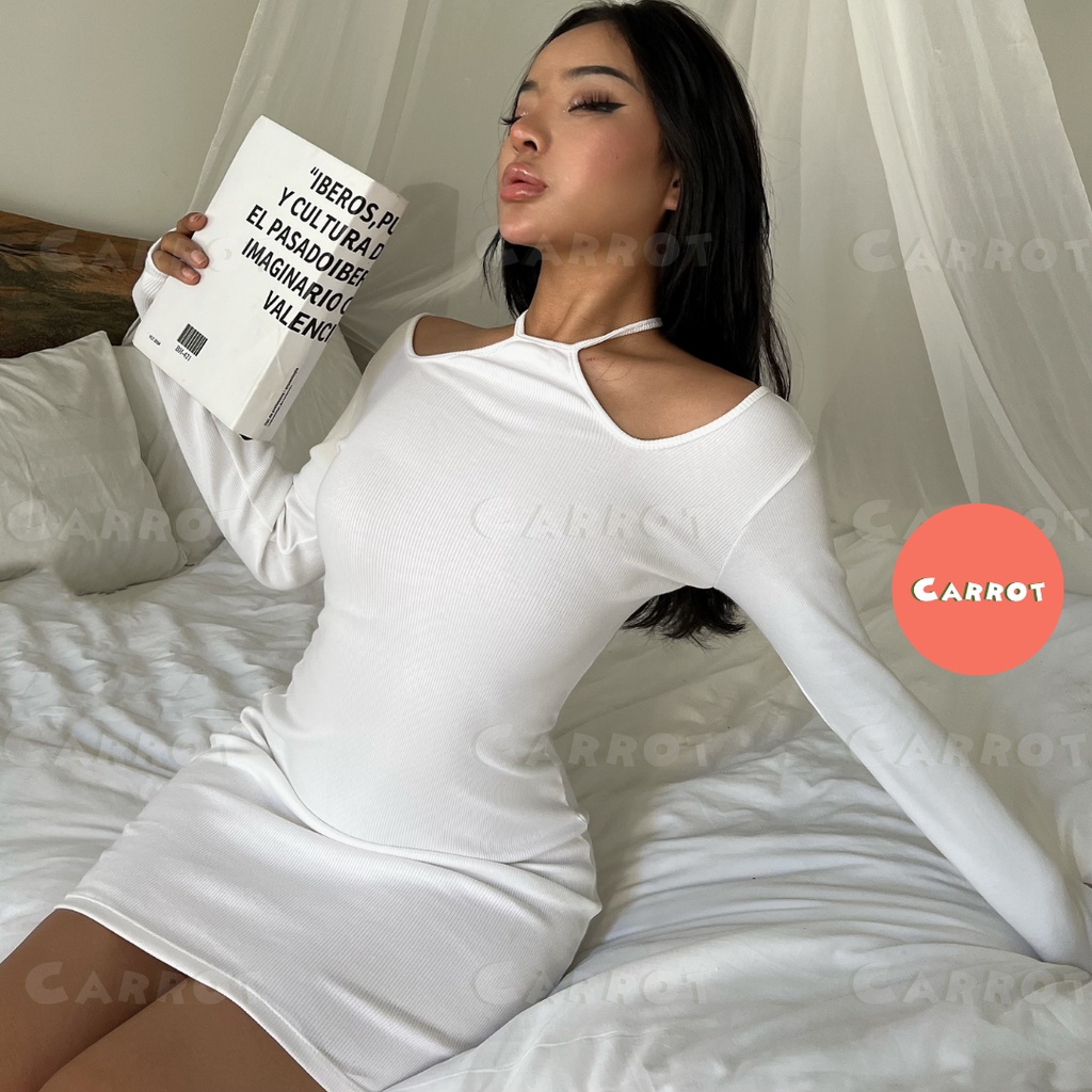 Đầm body sexy hở lưng hở eo váy ôm cổ yếm hở vai cột dây quyến rũ sang chảnh màu trắng thun gân carrotxinhdep trắng, đen