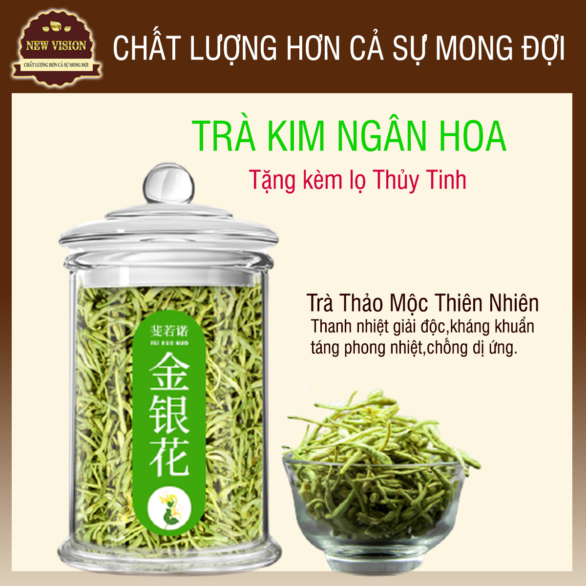 [HCM]Trà Kim Ngân Hoa -Trà Hoa Dưỡng Sinh - Trà Thảo Mộc 40 gram Đựng Lọ Thủy Tinh Cao Cấp - Trà Thanh Nhiệt Giải Độc - Combo siêu tiết kiệm.New Vision