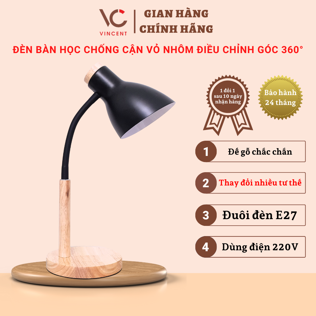 Đèn học để bàn đế gỗ shop vincent, đèn học chống cận thân đèn kim loại chắc chắn, uốn 360°