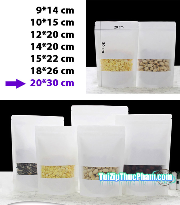 100 cái túi zip MIS size 20x30cm Túi giấy kraft trắng có cửa sổ, phủ PE 2 mặt, túi giấy đựng thực phẩm có zipper chất lượng cao
