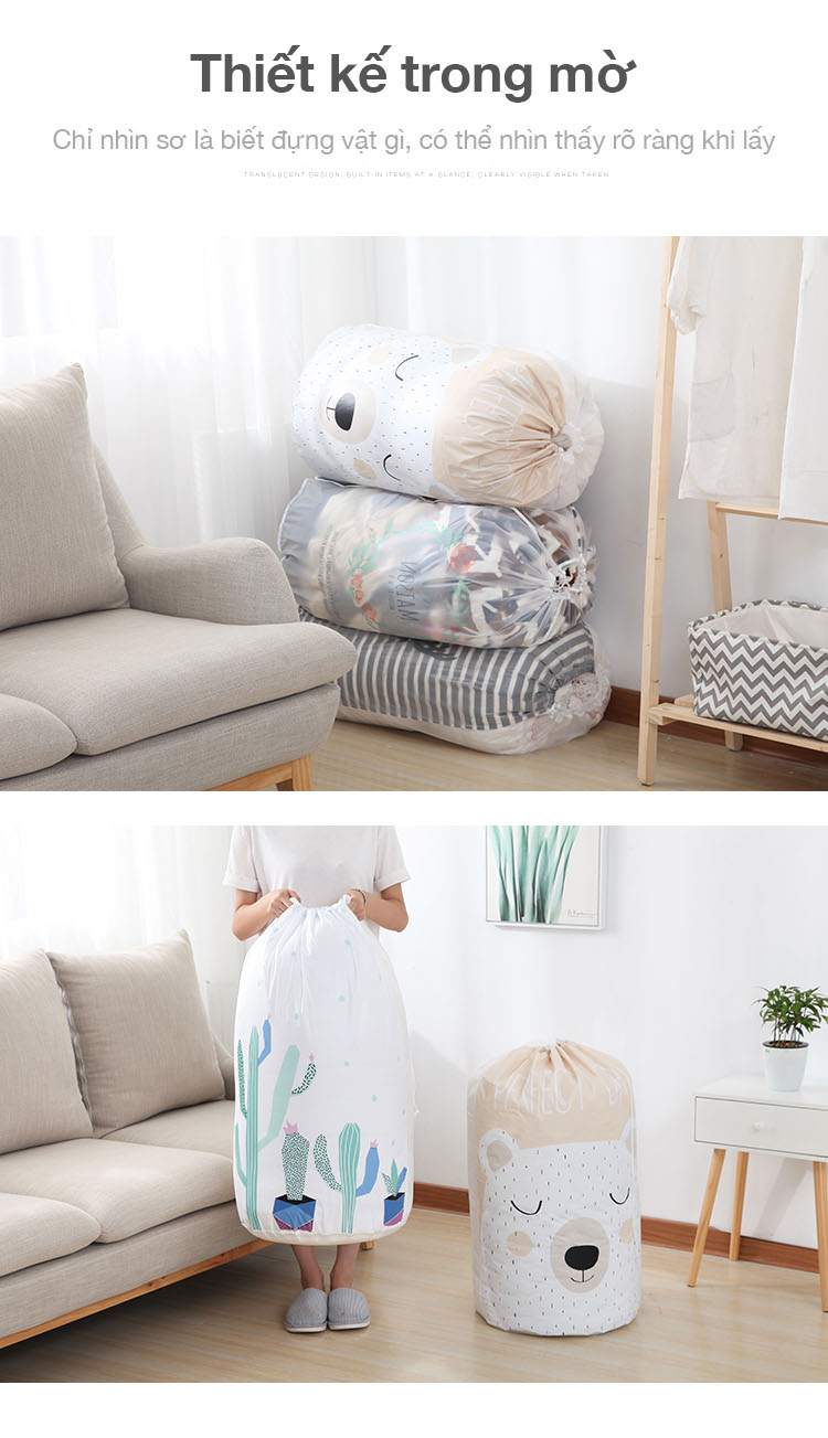 Túi vải đựng chăn màn quần áo dây rút chống thấm bền đẹp chắc chắn In hoa sáng tạo (50 X 82cm)