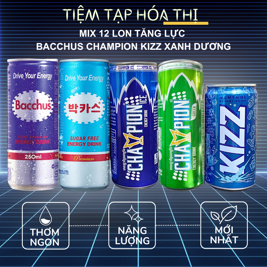Mix 12 Lon Nước Tăng Lực Champion Kizz Bacchus Đá Lạnh (12 lon x 250ml) Vị Ngon Mát Lạnh Sugar nuoc tang luc Ngọt
