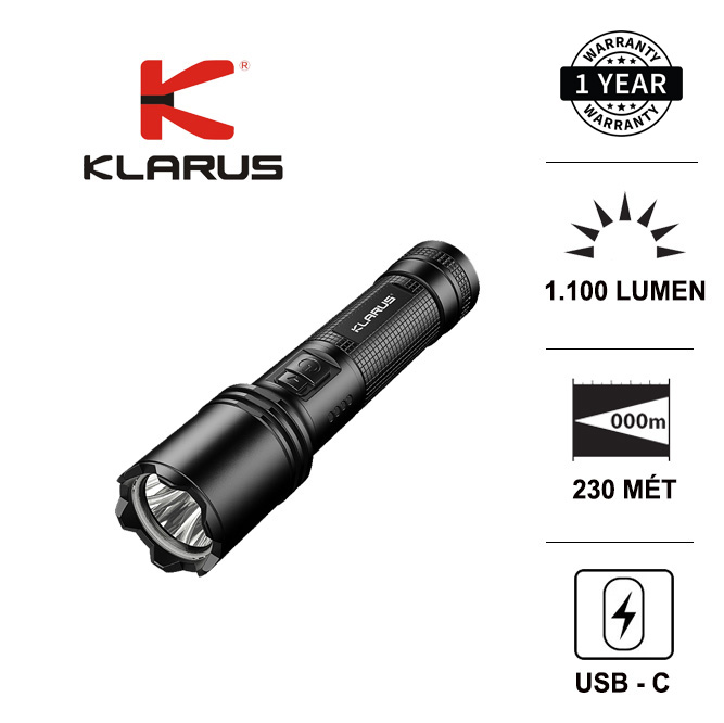 Đèn pin, đèn flash và đèn sạc klarus a1 sáng 1100 lumen xa 230m sạc type-c pin 18650 2600mah kèm theo