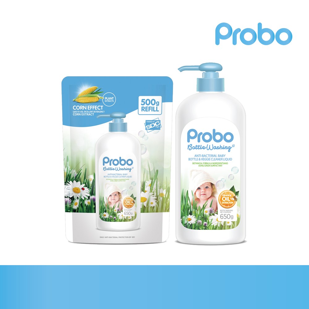 Combo Nước rửa bình sữa và rau quả kháng khuẩn PROBO dạng chai 650g + túi 500g