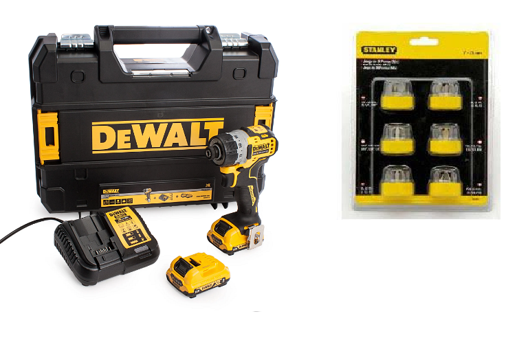 Combo máy vặn vít cầm tay dewalt dcf601d2-kr 12v/bl và mũi vặn vít stanley 68-075-23 bộ 36p