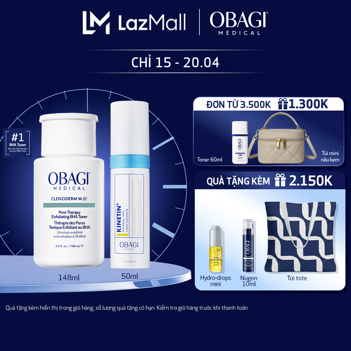 Bộ đôi dưỡng da Toner BHA làm sạch mụn và tẩy tế bào chết Obagi Medical Clenziderm M.D 148ml và Kem Dưỡng Phục Hồi Làm Dịu Da Obagi Clinical Kinetin+ Hydrating 50ml