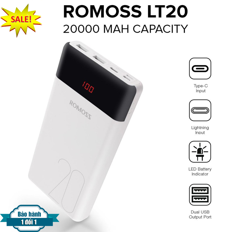 [HCM]Pin Sạc Dự Phòng Gía Rẻ ROMOSS 20.000Ah - Pin Dự Phòng 20.000Ah Gía Rẻ - PIN DỰ PHÒNG ROMOSS LT20- Màn Hình Led - 2 Cổng USB 2A -Dùng được cho IOS và Android - Bảo Hành 2 Năm Chính Hãng