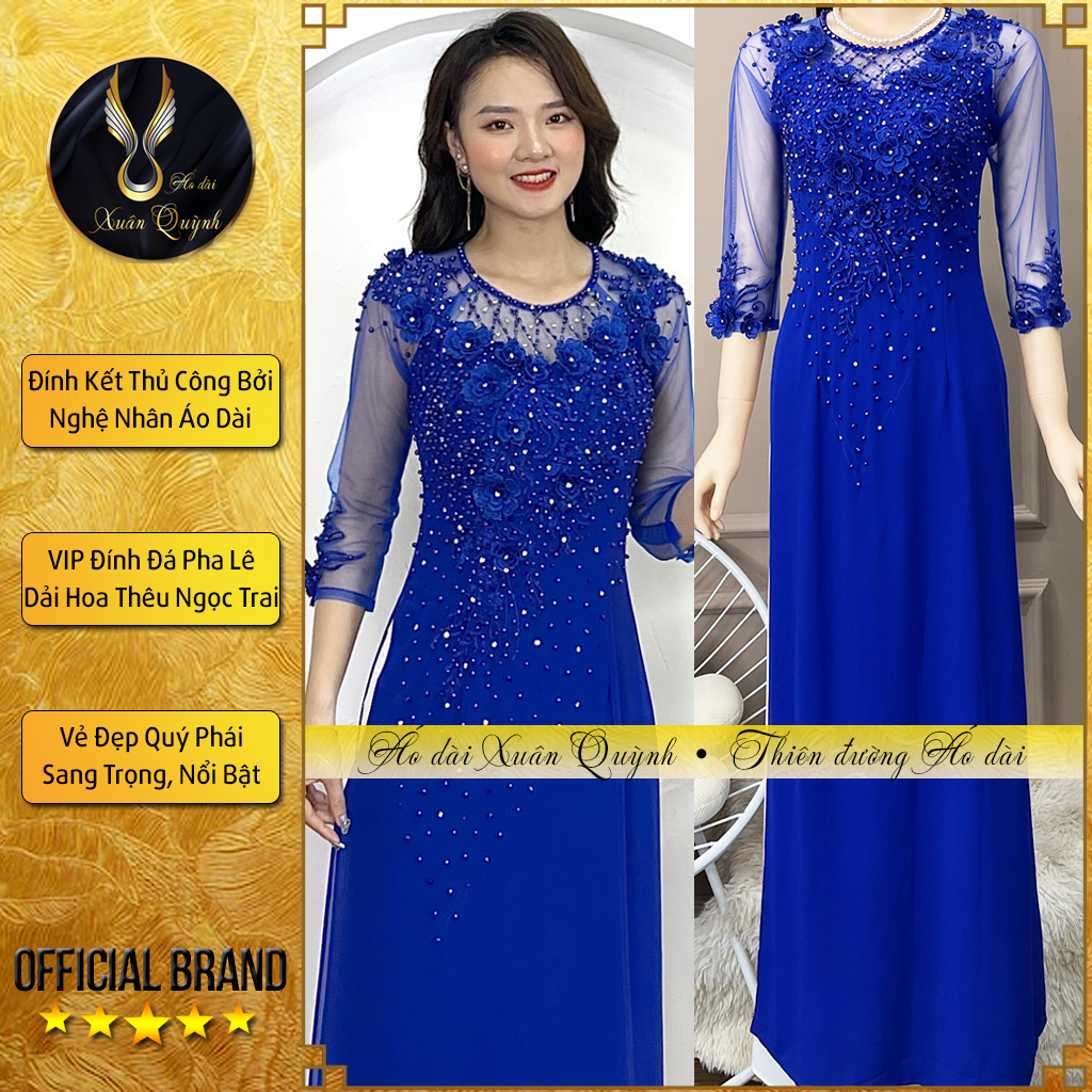  Áo Dài Dạ Hội Đính Kết Pha Lê Ngọc Trai M03 Xanh Cô Ban - Áo Dài Xuân Quỳnh 