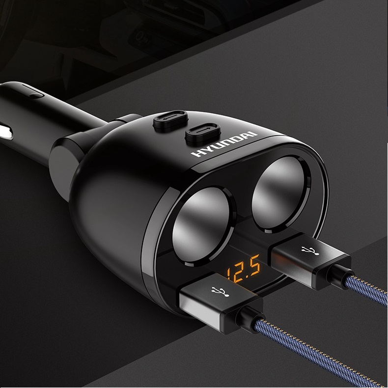 [HCM]Thiết Bị Bộ chia nguồn Huyndai 2 tẩu sạc dock sạc và 2 cổng USB đa năng trên ô tô xe hơi xe tải xe khách có màn hình LED hiển thị điện áp_ EL026(đen)