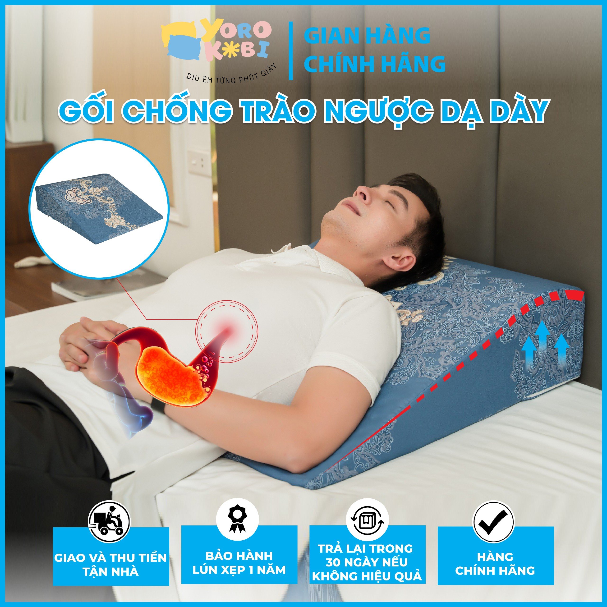 Gối chống trào ngược dạ dày người lớn Yorokobi kích thước 60x60x16cm bo tròn đỉnh gối chống trơn tụt, thư giãn cổ vai gáy-Chính Hãng