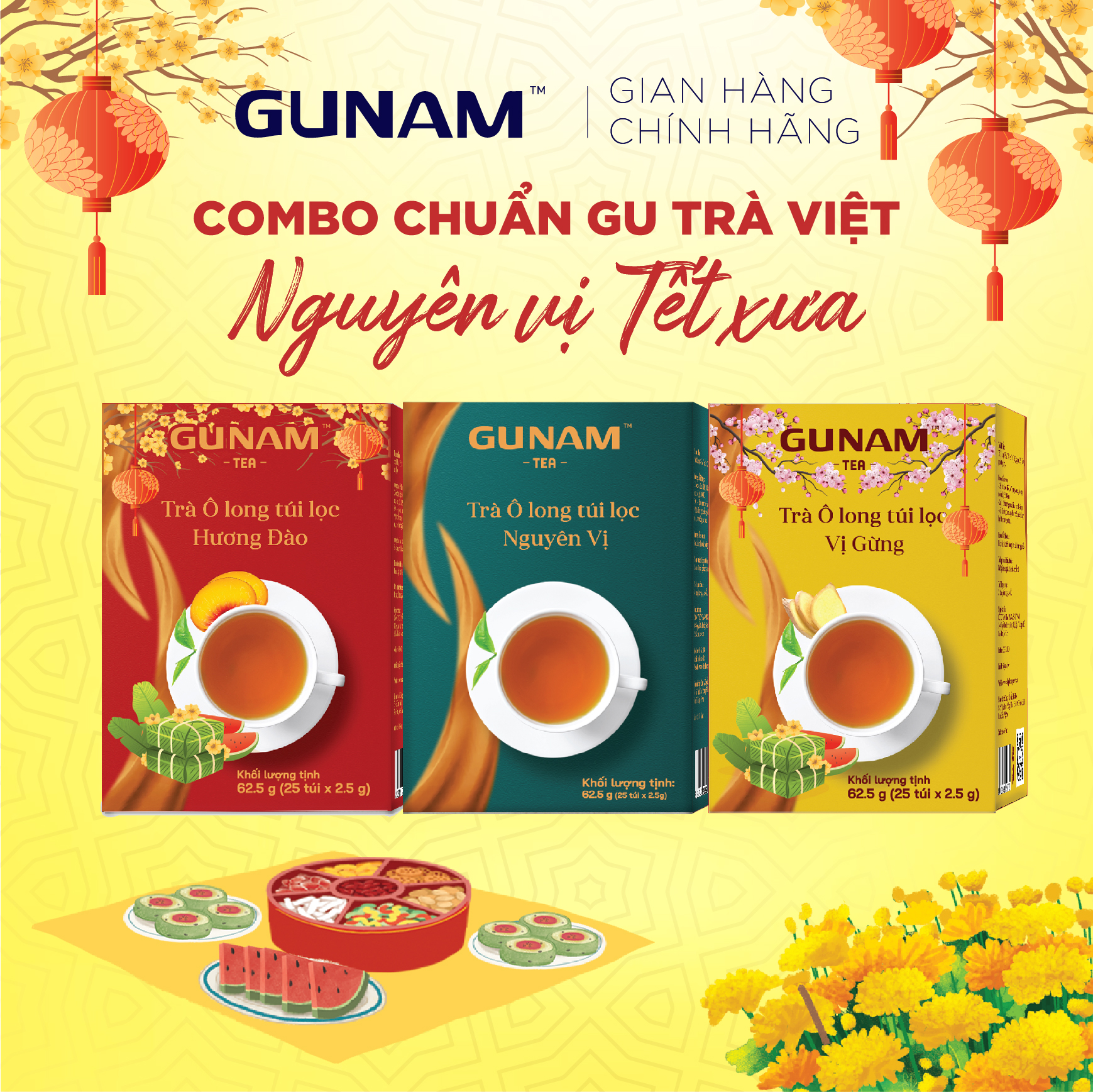 Combo chuẩn gu trà việt - hộp trà ô long túi lọc nguyên vị gunam + hộp trà ô long túi lọc hương đào gunam + hộp trà ô long túi lọc vị gừng gunam