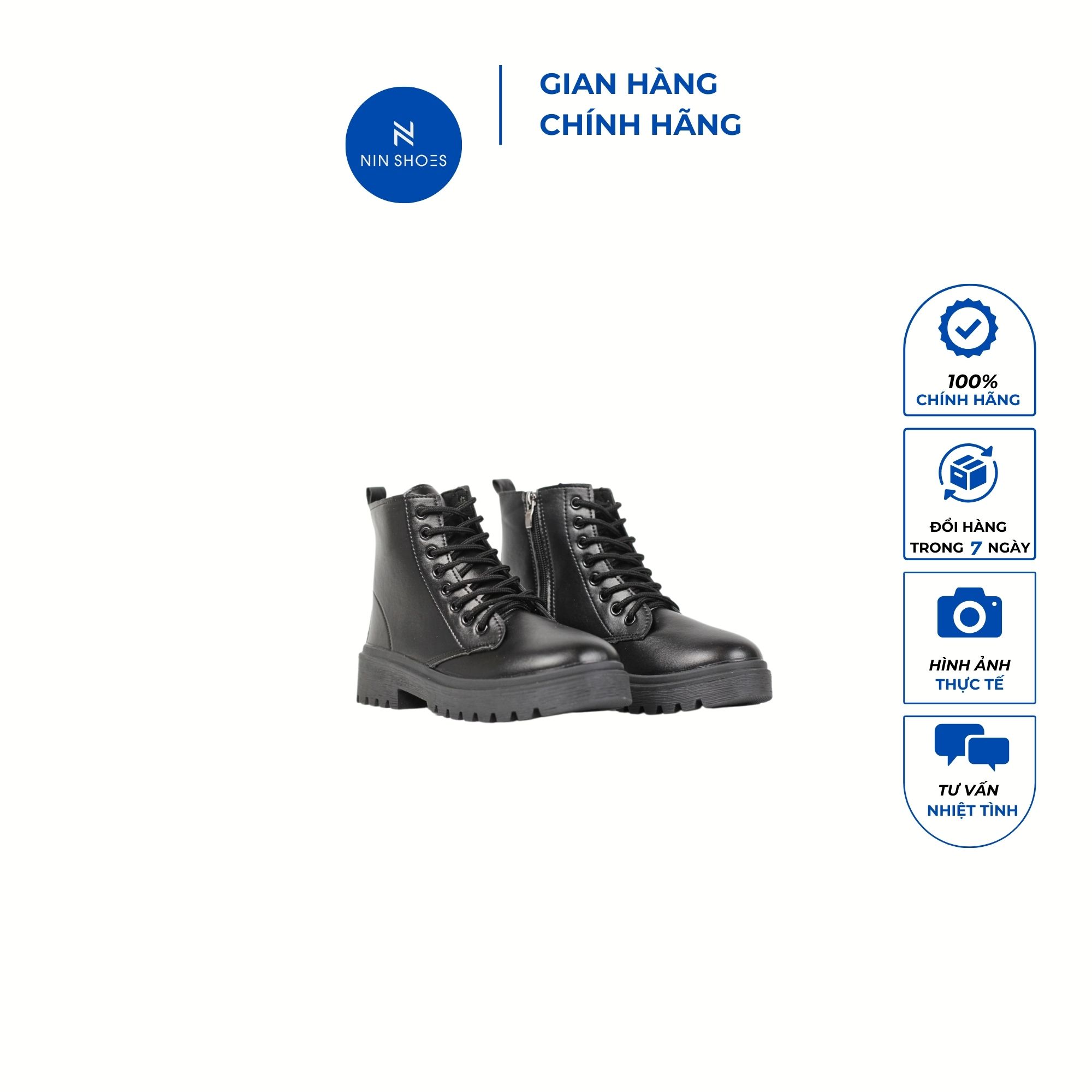 Bốt chiến binh nữ Ninshoes Bốt nữ đế bằng mũi tròn có dây xỏ khóa kéo bên hông tiện lợi BOM054