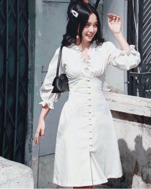 Đầm tay dài, nhún ngực, nút bọc ms126