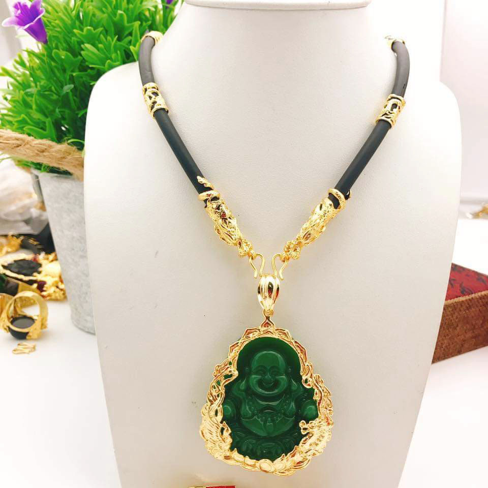 Dây Chuyền Cao Su Đầu Rồng Mặt Phật Bọc Đài Sen Mạ Vàng Phong Thủy Tặng Lá May Mắn Bình An