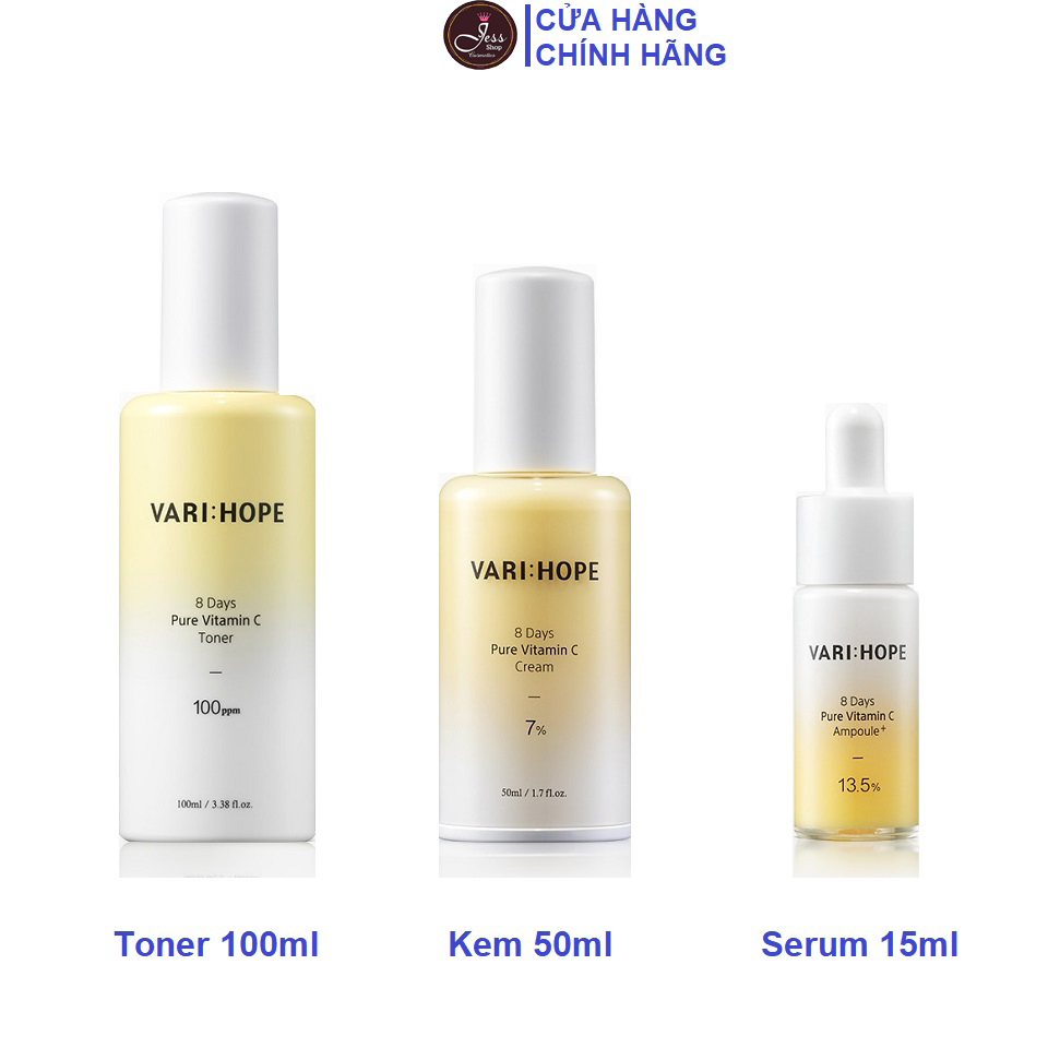 Bộ 3 Sản Phẩm Làm Sáng Da, Mờ Thâm Nám Vari Hope 8 Days Pure Vitamin C (Toner 100ml + Serum 15ml + Kem dưỡng 50ml)