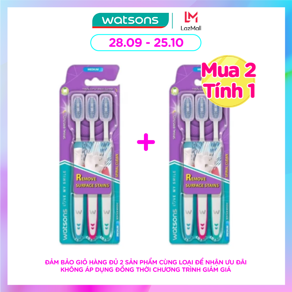 MUA 2 TÍNH 1 Bàn Chải Đánh Răng Watsons Spiral Clean Toothbrush Medium 3s